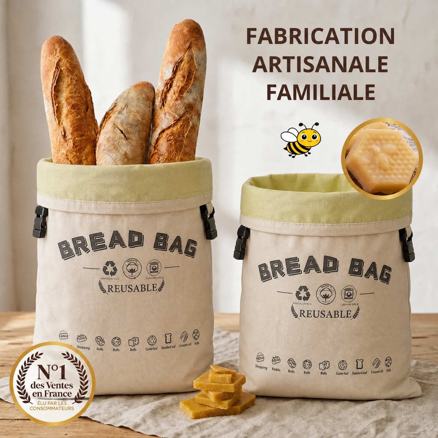 Sac à pain artisanal en coton 100 % et cire d’abeille